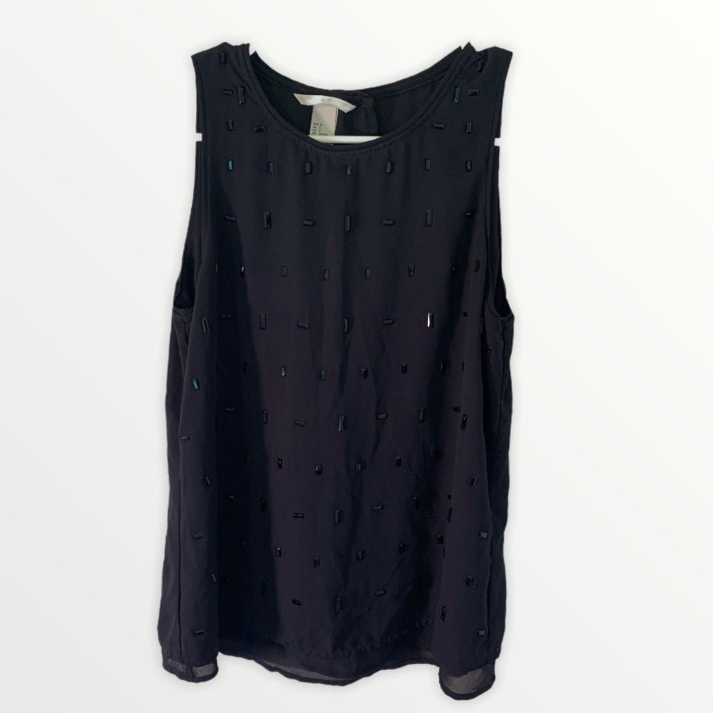 H&M Women's Size 6 Swing Tank Top‎ Navy Blue Black Studded Wrap Back Crewneck